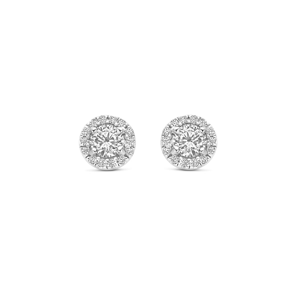 Zilveren gerhodineerde oorknoppen met 6 mm zirkonia steentjes in een ronde setting.