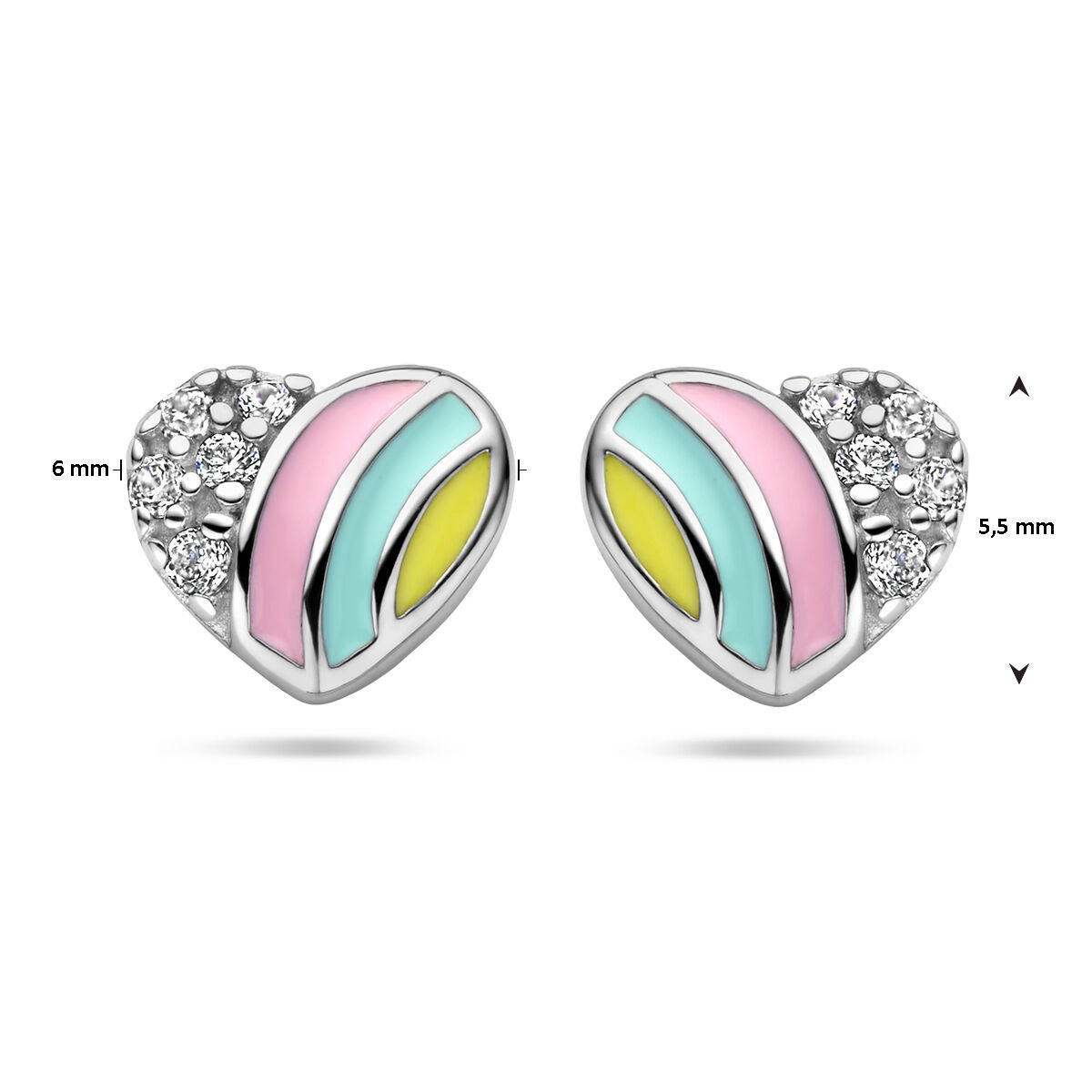 Van der Kooij Collectie oorknoppen hart en zirkonia zilver gerhodineerd: hartvormige studs met roze, gele en aquablauwe pastel emaille strepen, fonkelende zirkonia kristallen, afm. 6 mm x 5,5 mm.