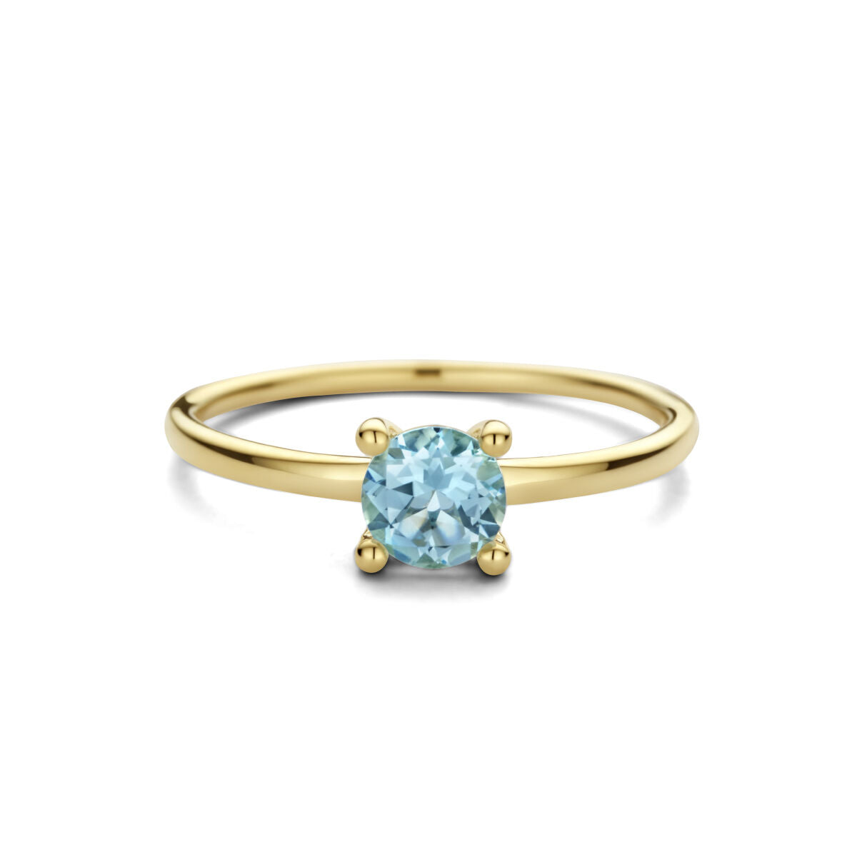 De Van der Kooij Collectie ring blauw topaas 14K geelgoud heeft een ronde blauwe topaas in een klassieke zetting met vier tanden, afgebeeld op een witte achtergrond.