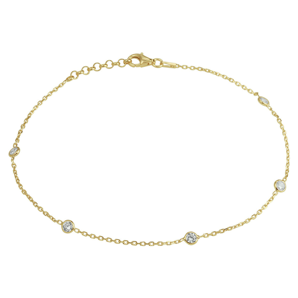 Enkelbandje van 3 micron zilver verguld in geel met zirkonia steentjes, lengte 24 + 2 cm.