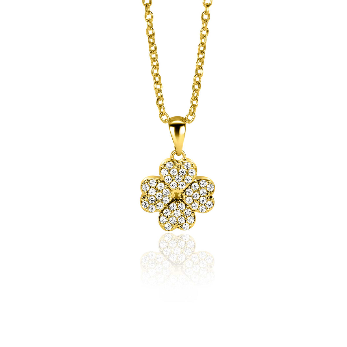 Gouden hanger in de vorm van een bloem, bezet met heldere steentjes, aan een fijne schakelketting.