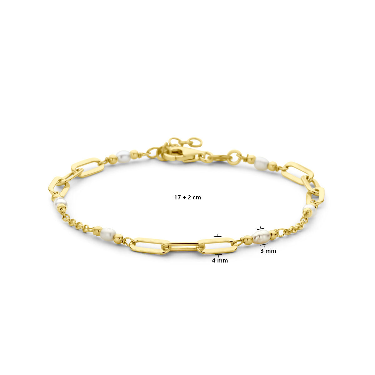 Van der Kooij Collectie armband parels 17 + 2 cm, 3 micron geel zilver verguld, met goudkleurige ketting, langwerpige schakels van 4mm en kleine kralen van 3mm plus witte zoetwaterparels.