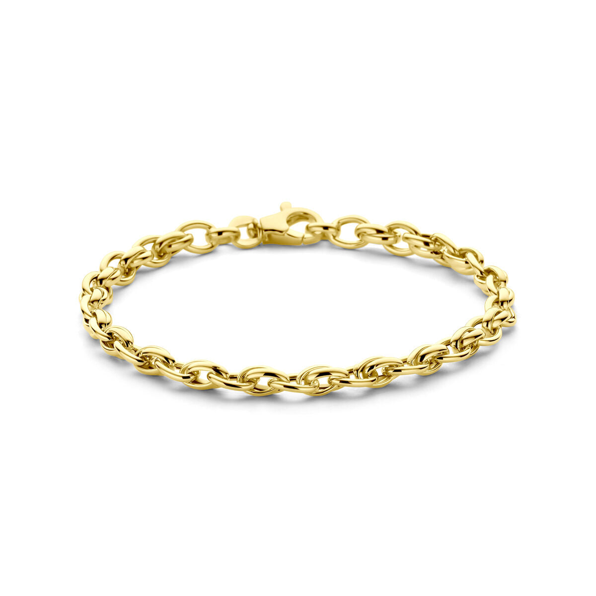 De Gouden armband dames 14K van Van der Kooij Collectie heeft in elkaar grijpende ovale schakels en een karabijnsluiting in 14K geelgoud, afgebeeld op een witte ondergrond.