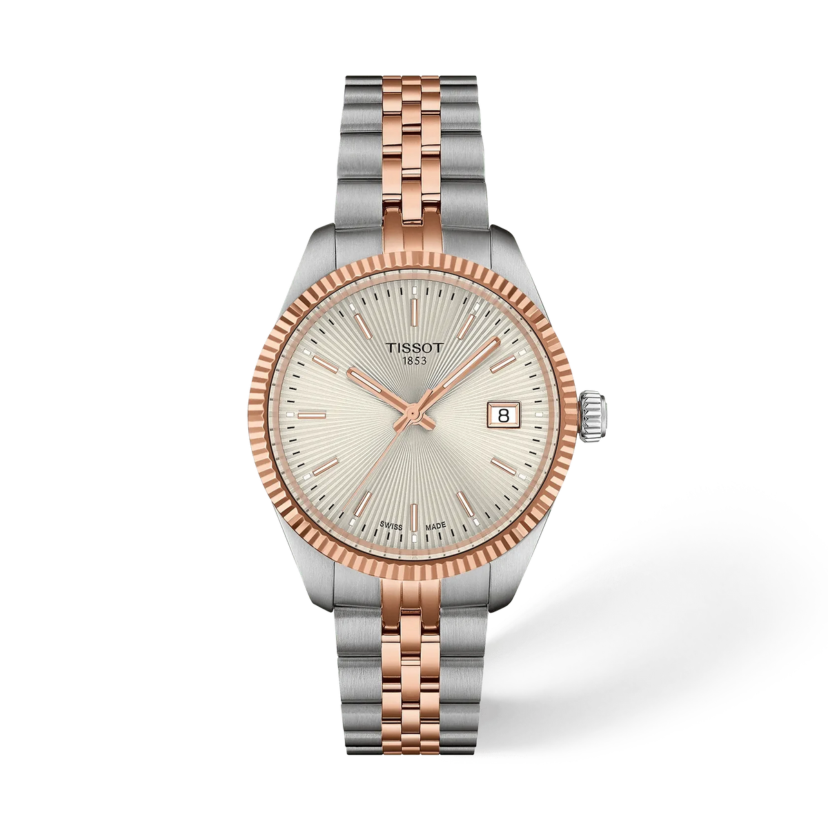 Zilveren horloge met roségouden bezel en wijzerplaat, voorzien van een datumaanduiding en een stalen band.