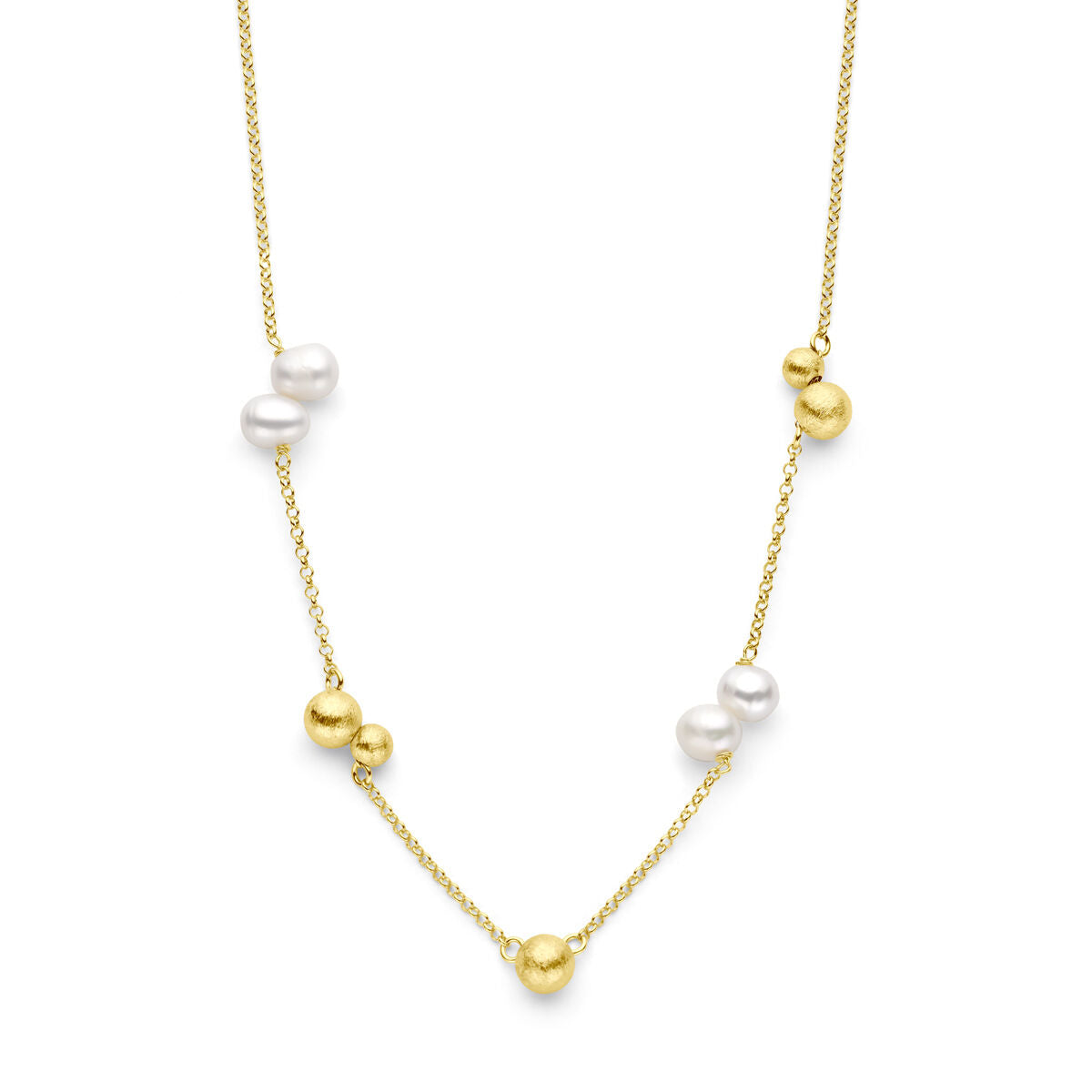 Collier van verguld zilver met parels en bolletjes, lengte 42 + 3 cm.