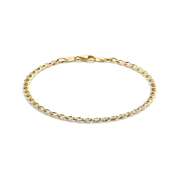 De Van der Kooij Collectie armband 3,3 mm 18 cm in 14K geelgoud heeft een eenvoudig gedraaid schakelontwerp en karabijnsluiting, prachtig weergegeven op een witte achtergrond.