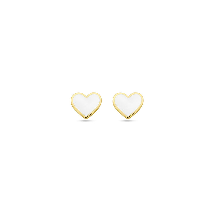 ear studs heart white enamel 14K yellow gold