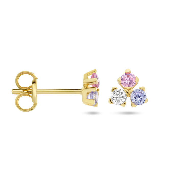 Ohrstecker blau, rosa und weiß Zirkonia 14K Gelbgold