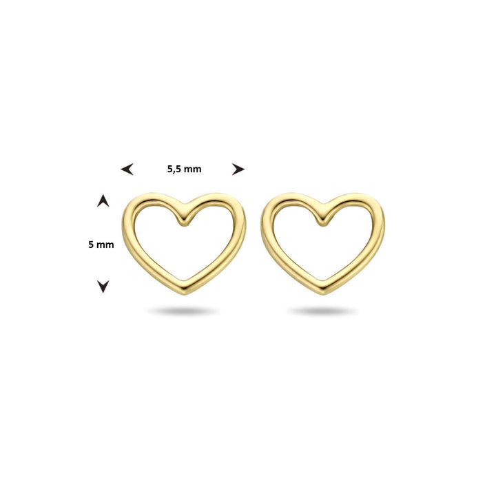 Een paar 14K geelgouden oorknoppen hart (5,5 mm breed, 5 mm hoog) uit de Van der Kooij Collectie, perfect voor liefhebbers van geelgouden sieraden.