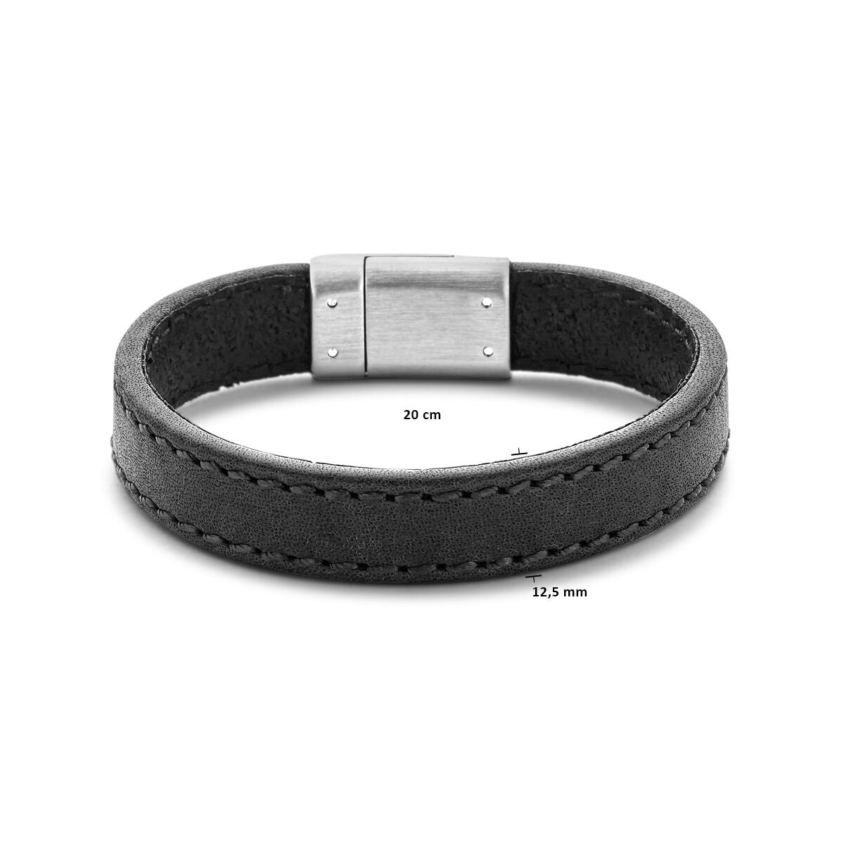 armband leer zwart 12,5 mm edelstaal