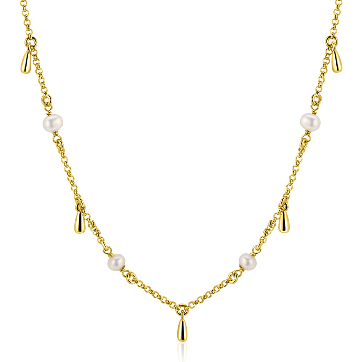 Zinzi ketting ZIC2753: Gouden ketting van het merk Zinzi met gelijkmatig verdeelde zoetwaterpareltjes en kleine gouden druppelbedels, geïnspireerd op een elegante stijl.