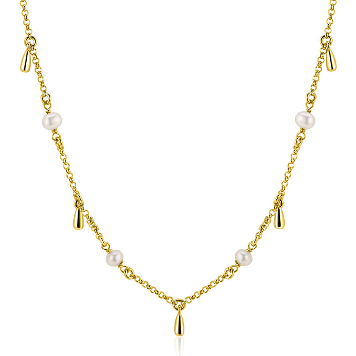 Zinzi ketting ZIC2753: Gouden ketting van het merk Zinzi met gelijkmatig verdeelde zoetwaterpareltjes en kleine gouden druppelbedels, geïnspireerd op een elegante stijl.