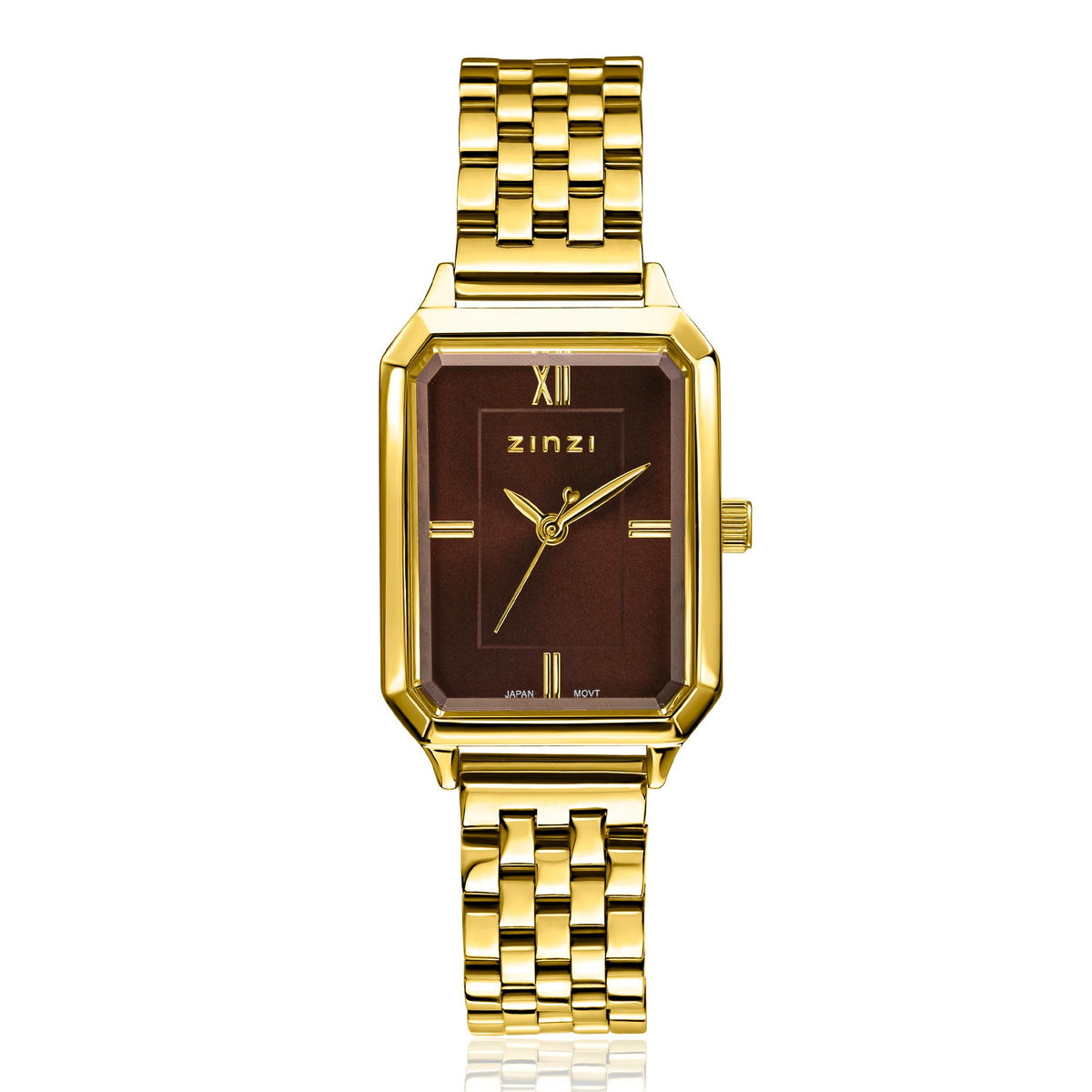 Gouden horloge met een rechthoekige kast, bruine wijzerplaat en een schakelarmband.