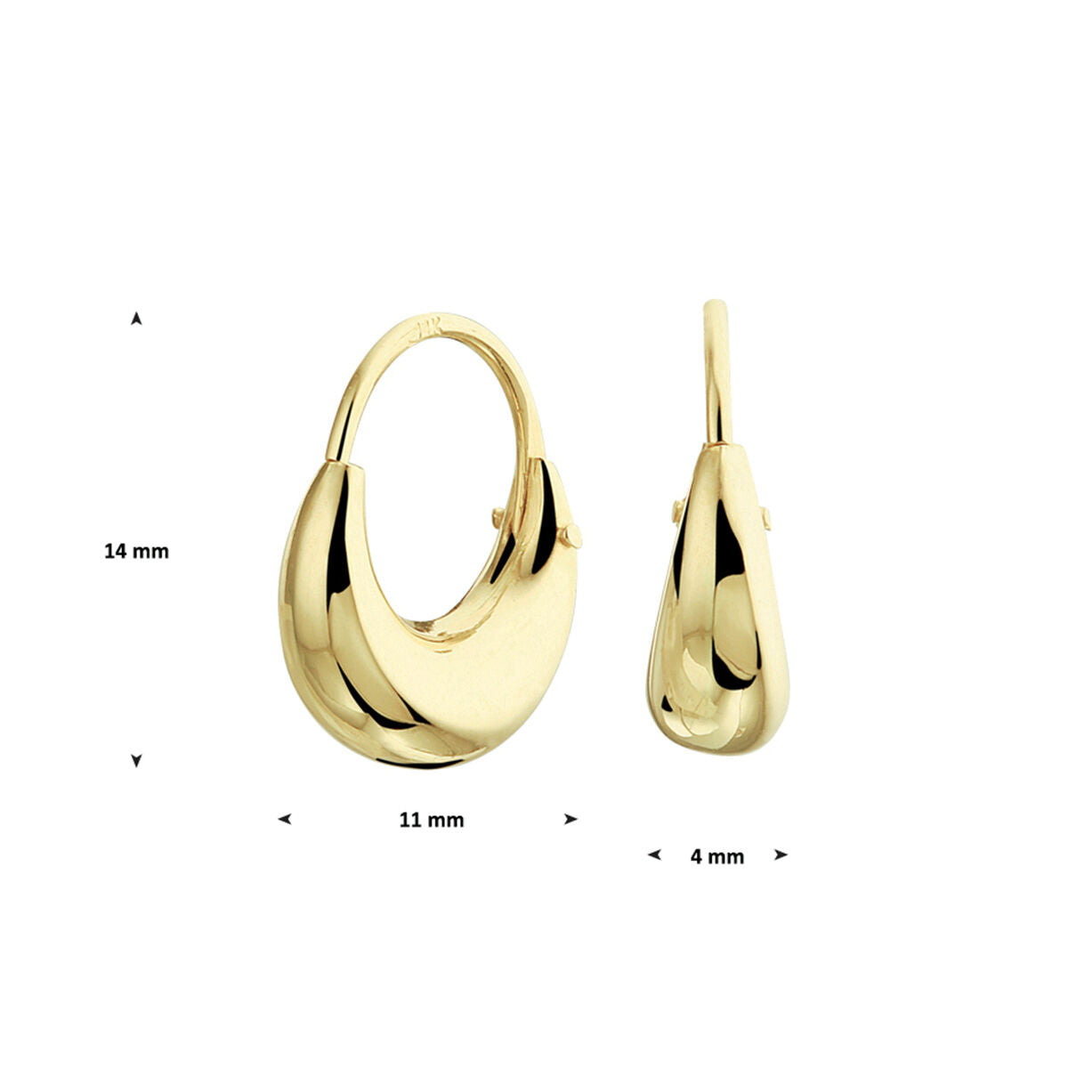 Een paar kleine, gepolijste oorringen 14K geelgoud van Van der Kooij Collectie, druppelvormig (14x11x4mm), afgebeeld in voor- en zijaanzicht op een witte achtergrond. Perfect voor dames sieraden collecties.