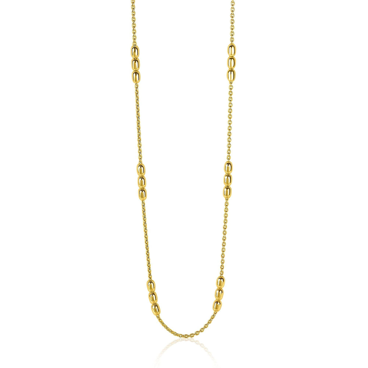 Gouden ketting met een combinatie van schakel- en bolvormige elementen.