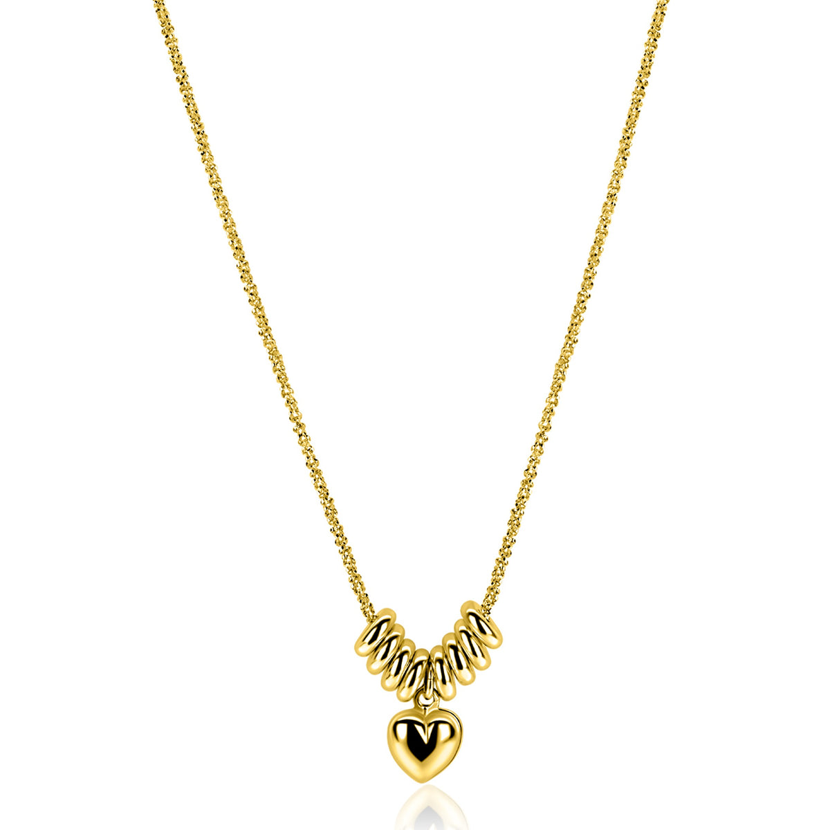 De Zinzi ketting ZIC2760 van Zinzi is een vergulde zilveren ketting met een ketting met structuur, een hanger met een centraal gouden hart en gouden kralen - een ideaal hartje ketting voor elke gelegenheid.