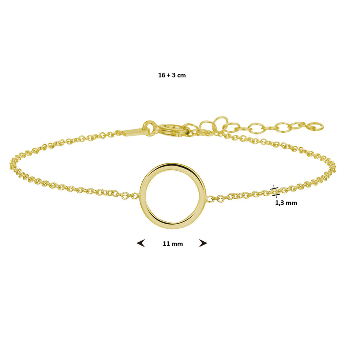 armband rondje 16 + 3 cm 3 micron zilver verguld (geel)