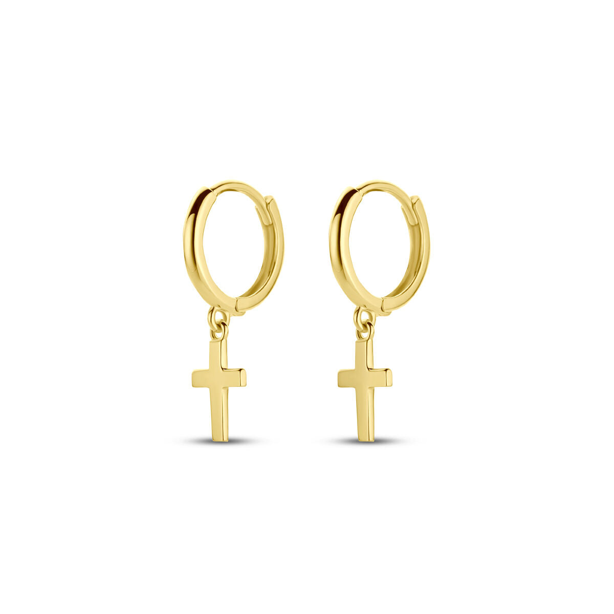 Oorringen van 14K geelgoud met een hangend kruisje.