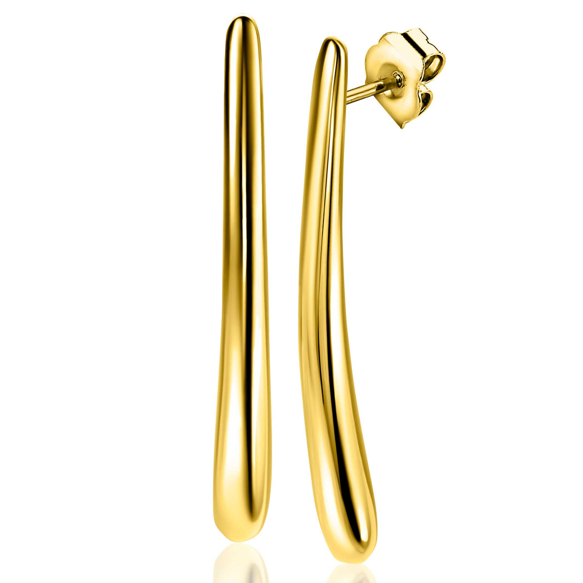 Zilveren oorknoppen met een gouden plating, lange, gestroomlijnde vorm.