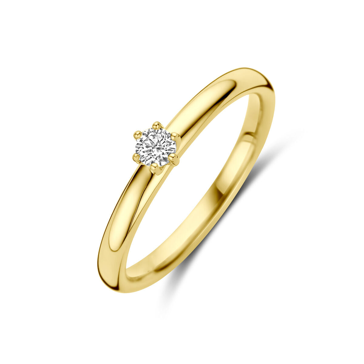 Aanzoekring van 14K geelgoud met een solitaire diamant van 0.10ct, met een glanzende afwerking.
