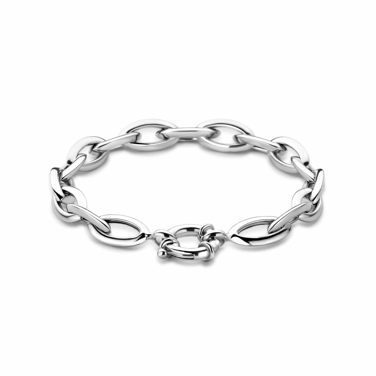 Zilveren armband met ankerlinks van 9,5 mm en een groot gerhodineerd springslot, 20 cm lang.