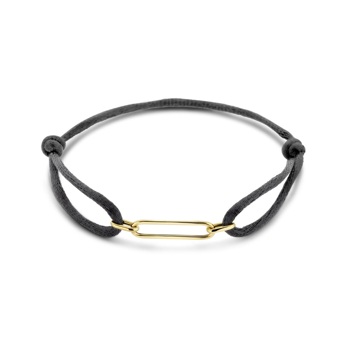 Armband van zwart satijn met een 14K gouden schakeltje en verstelbare sluiting.