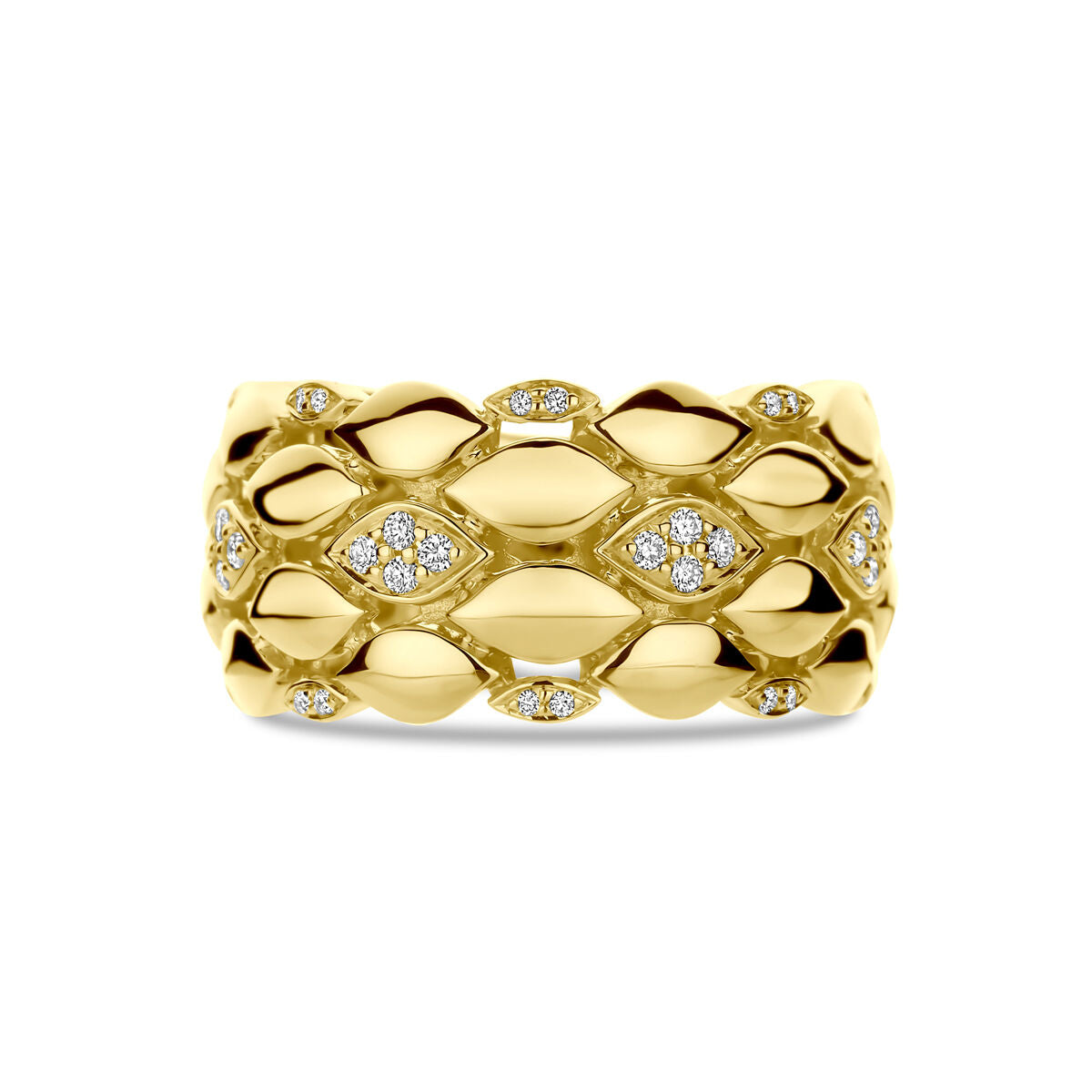 Deze Van der Kooij Collectie ring in 14K geelgoud heeft een breed rasterontwerp versierd met markiesvormige diamanten accenten (0,17ct H SI) voor een kenmerkende, elegante look.