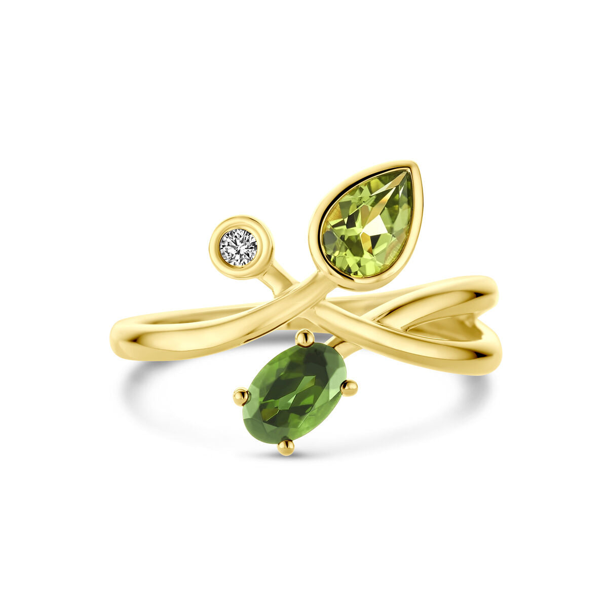 De Van der Kooij Collectie ring in 14K geelgoud heeft een open ontwerp met een peervormige groene toermalijn, peridot en een 0,03ct H SI diamant gezet op kruisende gouden banden.