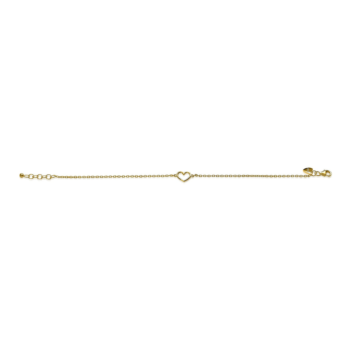 De Zinzi Armband Gold Plated Zia1420 G heeft een delicaat hartvormig bedeltje met geel vergulde accenten, rustend op een effen witte achtergrond.