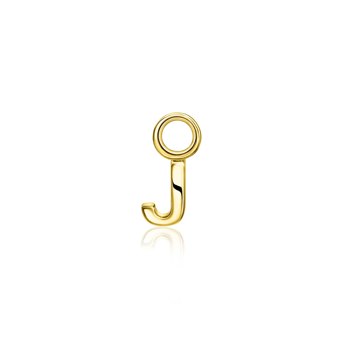 Gouden oorbel in de vorm van een letter 'J' met een ronde opening bovenaan.