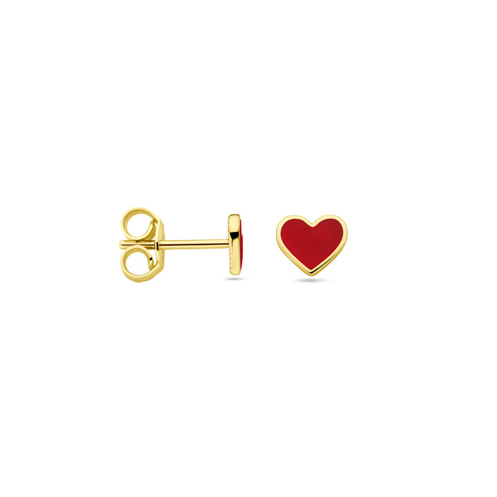 ear studs heart red enamel 14K yellow gold