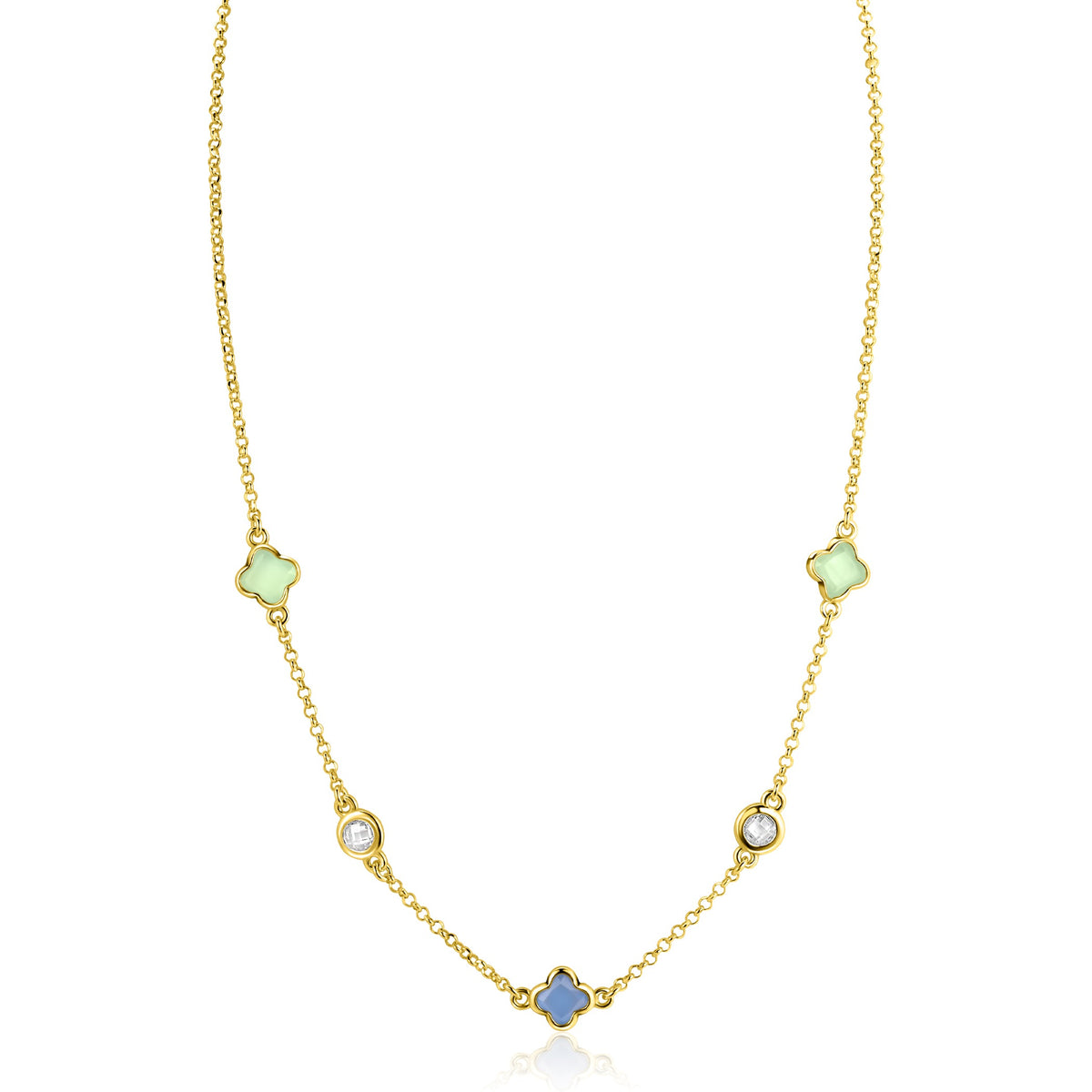De Zinzi Ketting Gold Plated ZIC2763 van Zinzi heeft een vergulde zilveren ketting met vijf bedels: twee witte stenen, een blauwe quatrefoil en twee mintgroene klavervormige edelstenen.
