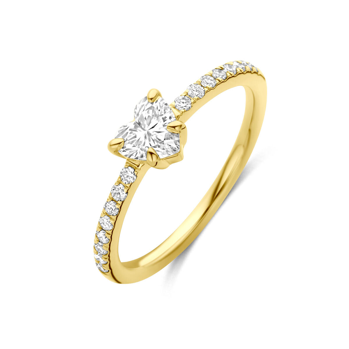 Ring van 14K geelgoud met een lab-grown diamant van 0.665ct en kleine steentjes aan de band.