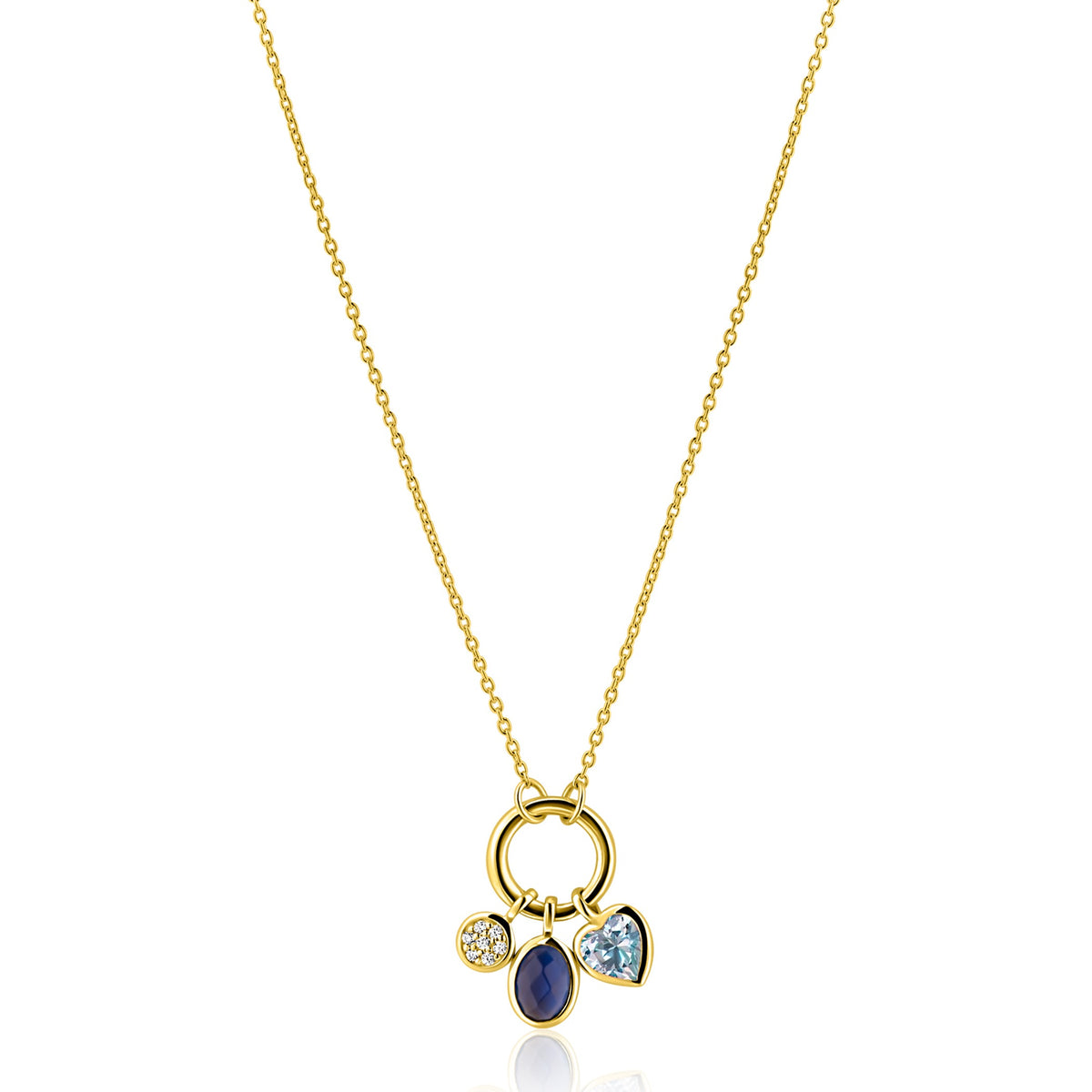 De Zinzi ketting ZIC2737 van Zinzi is een geel vergulde zilveren ketting met verstelbare lengte, voorzien van een ronde hanger met drie bedels: een kleine heldere steen, een ovale blauwe edelsteen en een lichtblauwe hartvormige steen.