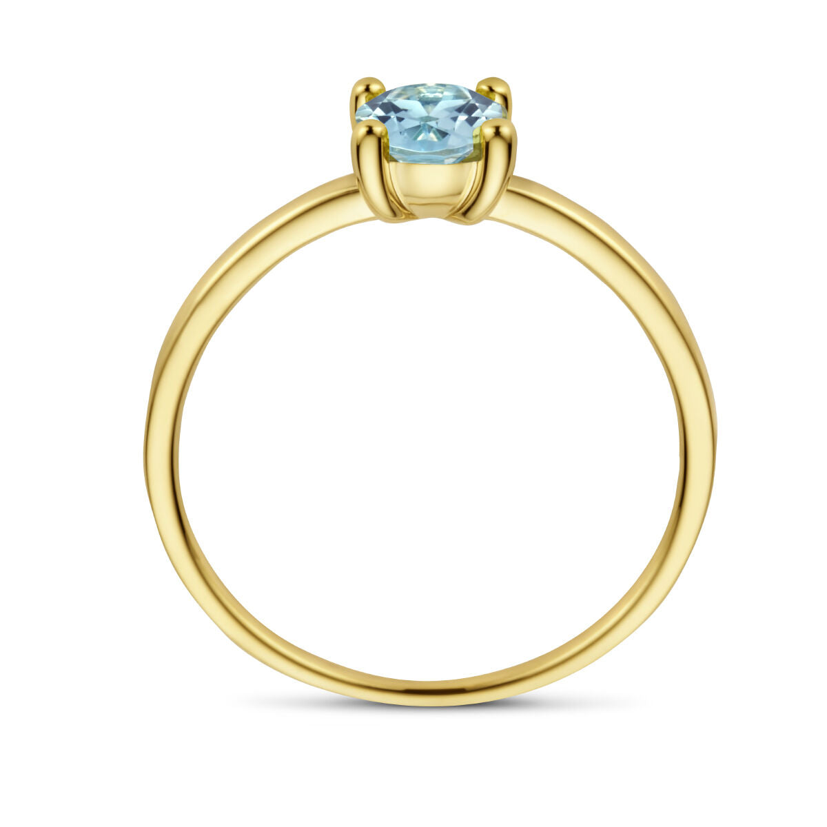 De Van der Kooij Collectie ring blauw topaas 14K geelgoud heeft een dunne geelgouden band en een enkele ronde blauwe topaas in een vier-punts zetting, afgebeeld op een witte achtergrond, die tijdloze elegantie weerspiegelt.