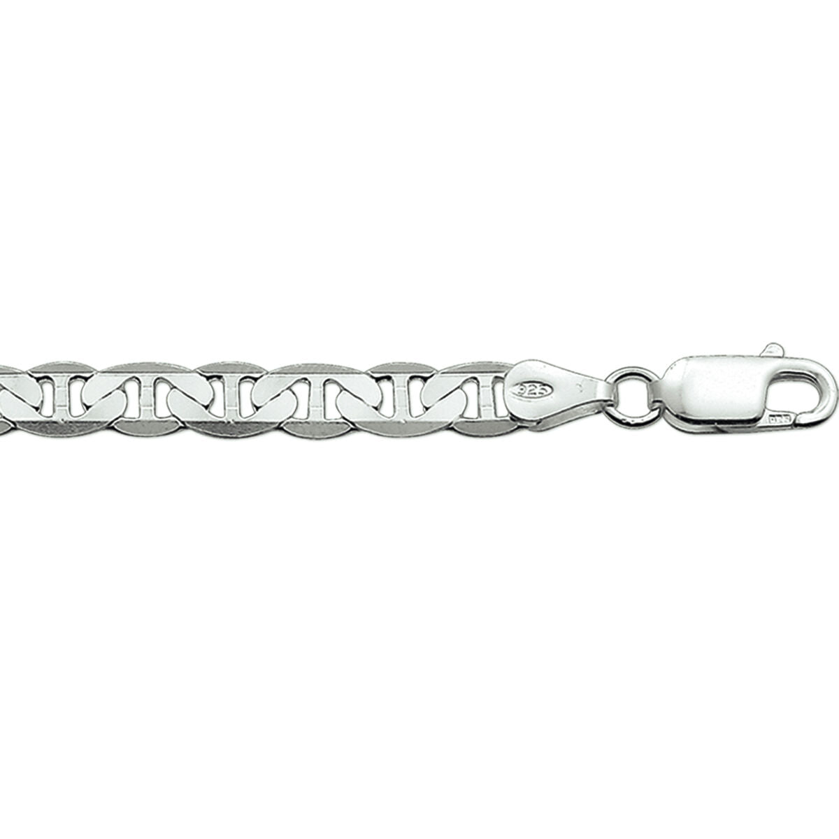 Een close-up van de Van der Kooij Collectie anker plat 5,5 mm zilver gerhodineerd heren armband met platte ankerschakels en een veilige karabijnsluiting.