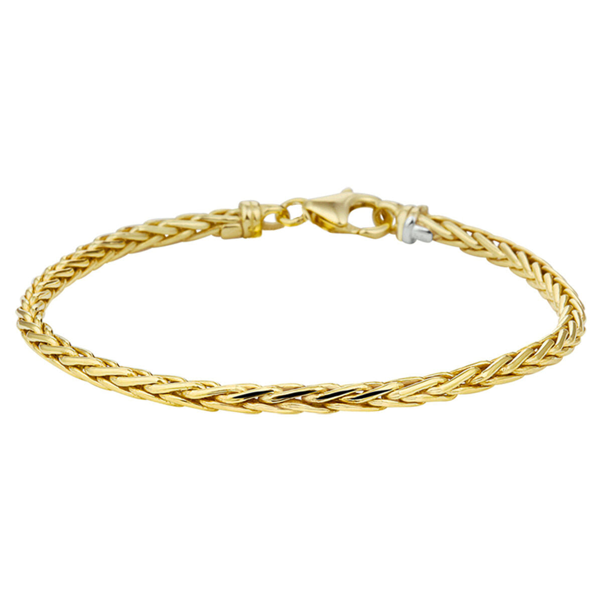 Gouden dames armband met vossestaart schakel en zilverkern, afgewerkt met een karabijnsluiting.