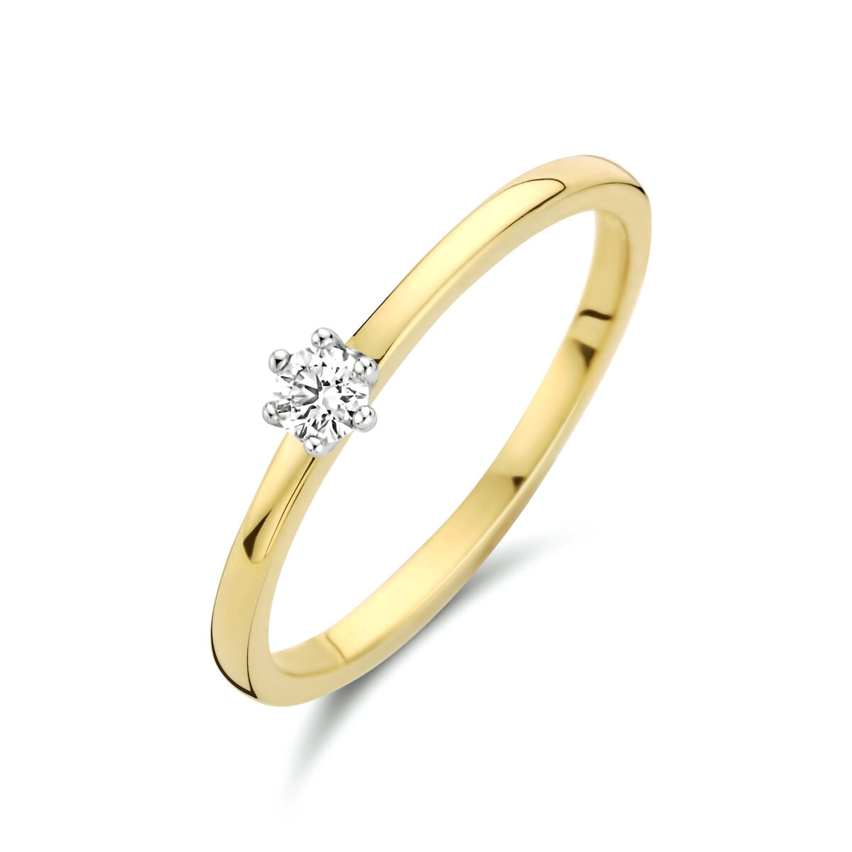 Bicolor gouden ring met een briljant geslepen diamant van 0,10 ct, geelgouden band met witte gouden zetting.