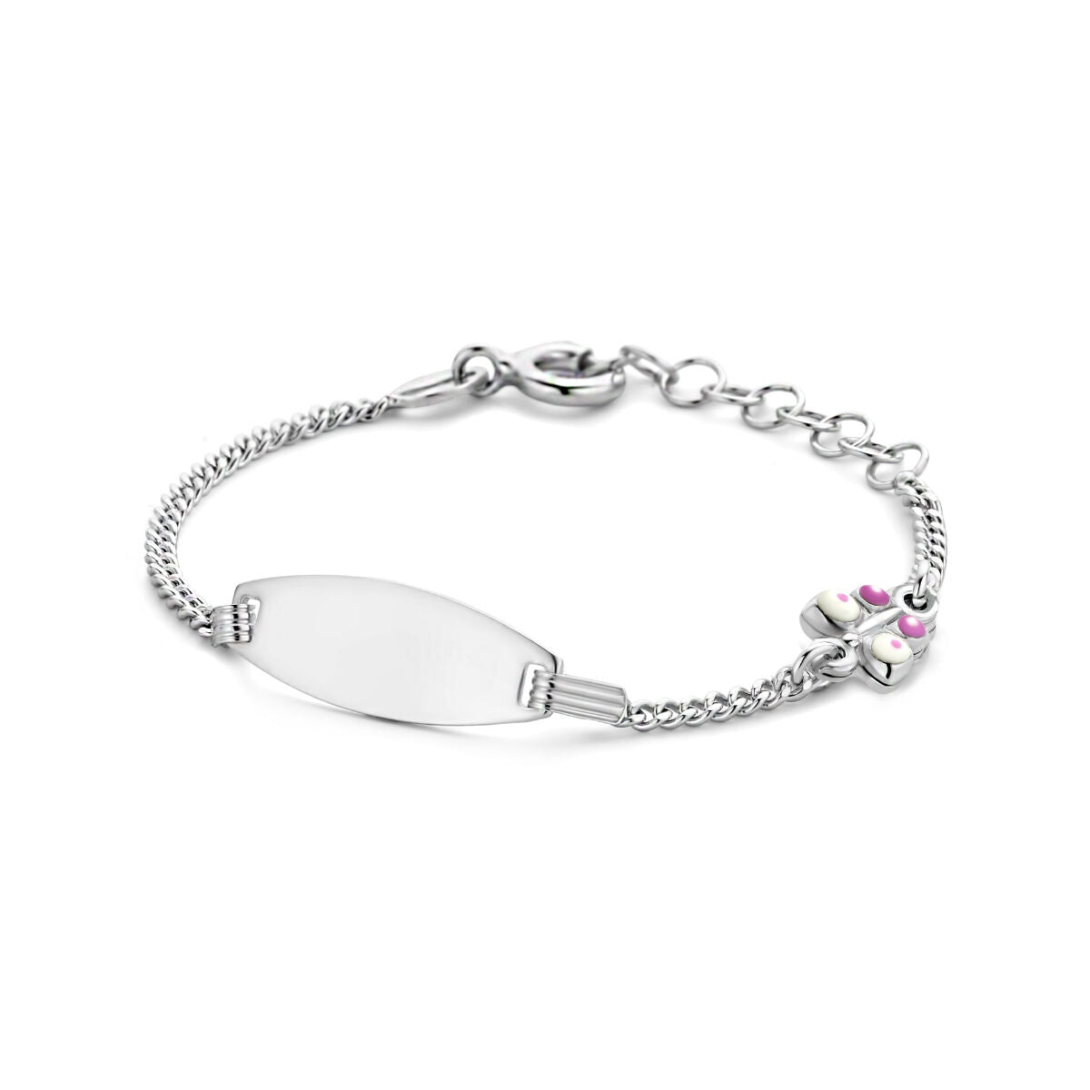 Zilveren gerhodineerde graveerarmband met vlinderplaat en een ketting van 11 + 2 cm.