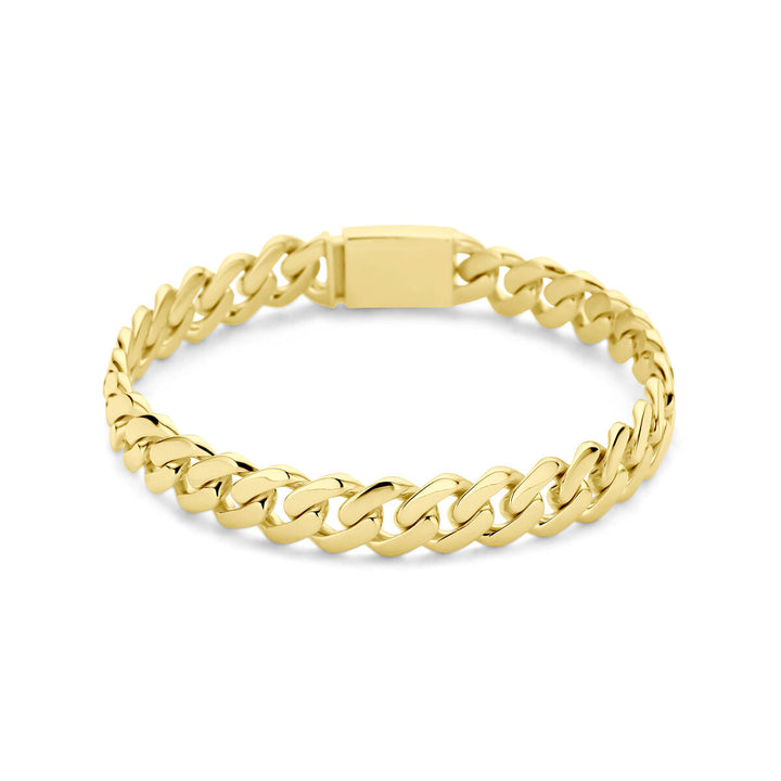 De Van der Kooij Collectie armband massief gourmette 10 mm, 21 cm in 18K geelgoud heeft een gepolijste afwerking en rechthoekige sluiting, stijlvol vastgelegd op een witte achtergrond.
