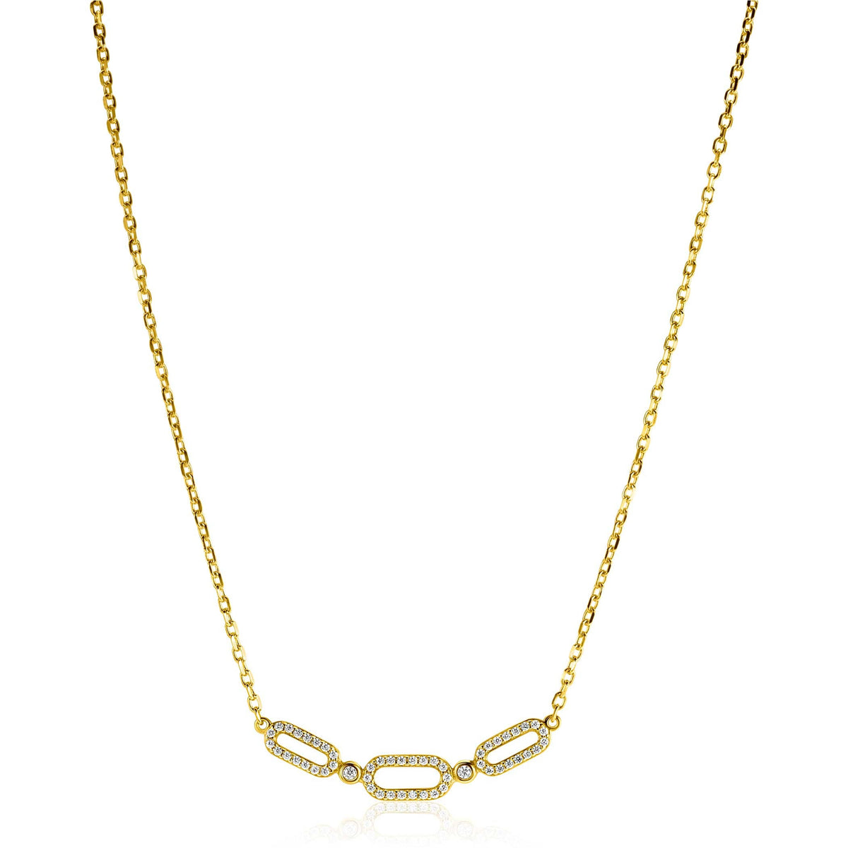 Gouden ketting met schakelontwerp en kleine, heldere steentjes in het midden.
