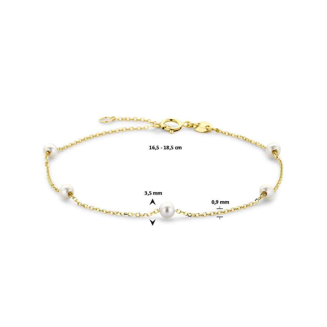 Van der Kooij Collectie armband parels 16,5-18,5 cm: 14K geelgoud met vijf zoetwaterparels (3,5 mm), karabijnsluiting en verstelbare lengte. Ketting is 0,9 mm dik. Perfect als dames sieraad.