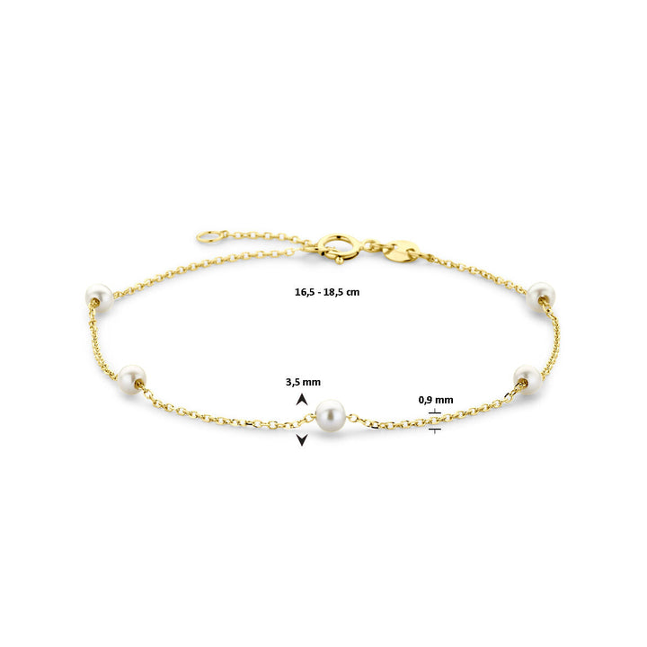 Van der Kooij Collectie armband parels 16,5-18,5 cm: 14K geelgoud met vijf zoetwaterparels (3,5 mm), karabijnsluiting en verstelbare lengte. Ketting is 0,9 mm dik. Perfect als dames sieraad.