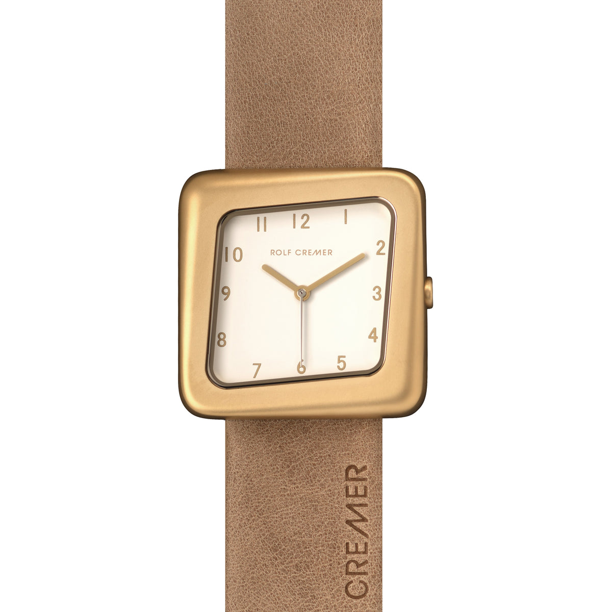 Gouden vierkant horloge met witte wijzerplaat en leren band.