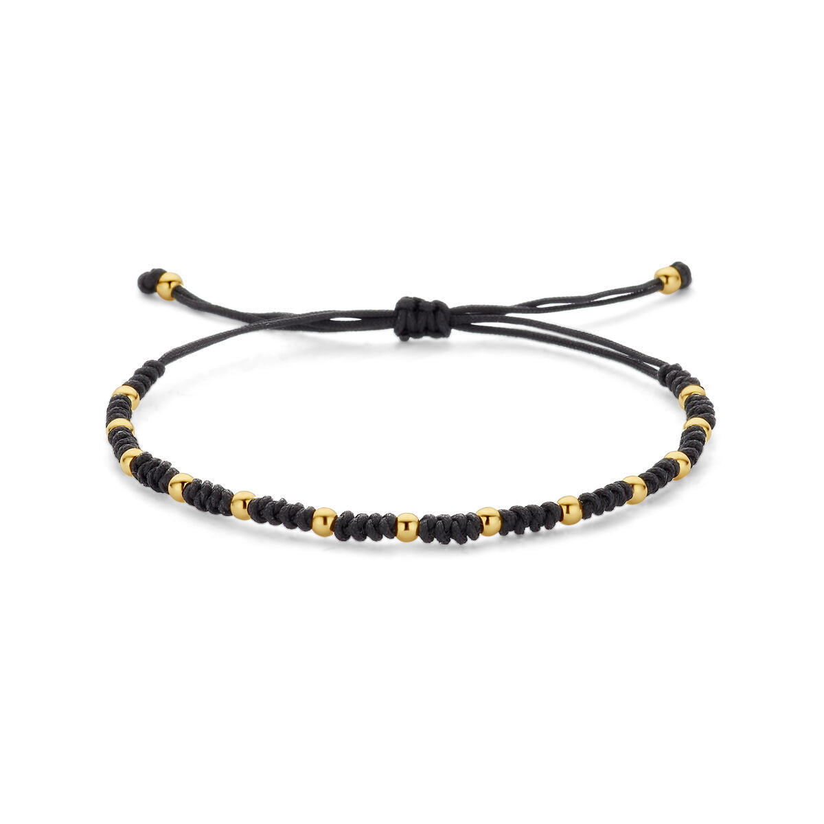 Armband van 14K goud met zwarte rubberen en nylon bolletjes, verstelbaar van 13 tot 26 cm.