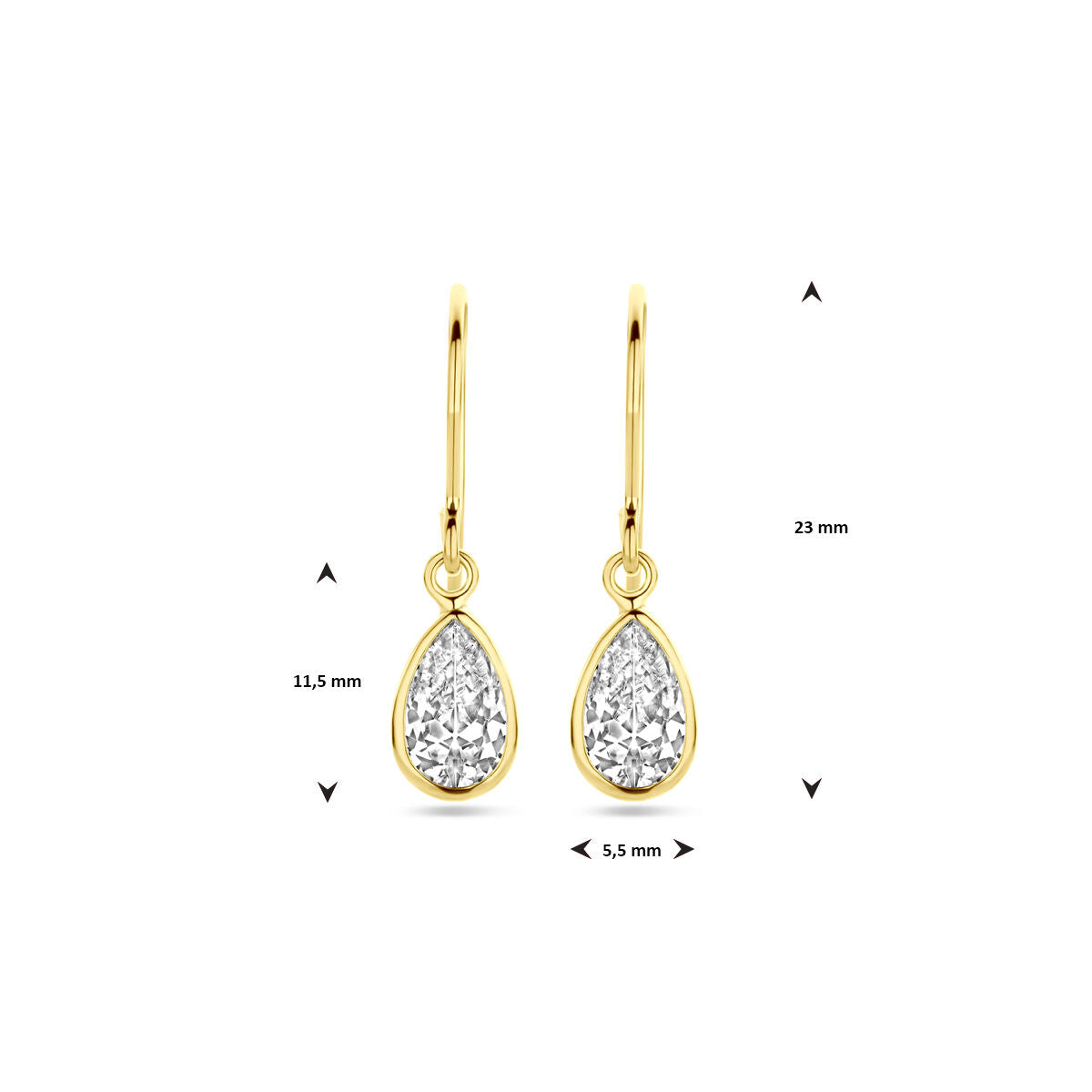 Van der Kooij Collectie oorhangers franse haak zirkonia 23 mm, 14K geelgoud; druppelvormig helder zirkoniasteen (11,5 mm hoog, 5,5 mm breed) - een luxe accessoire op een witte achtergrond.