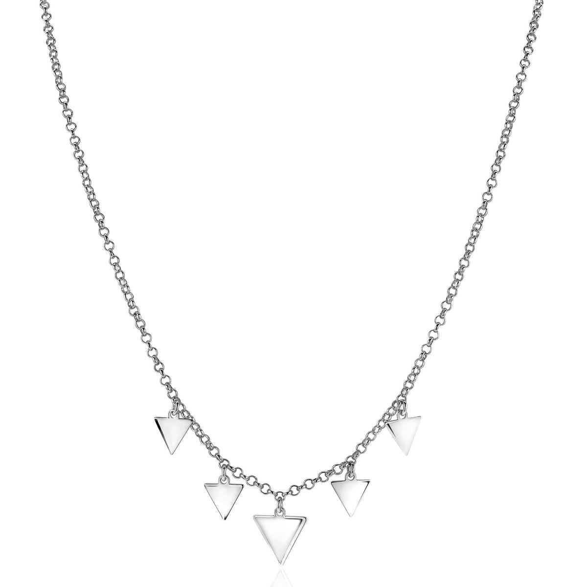 Zilveren ketting met vijf driehoekige hangers in een minimalistisch ontwerp.