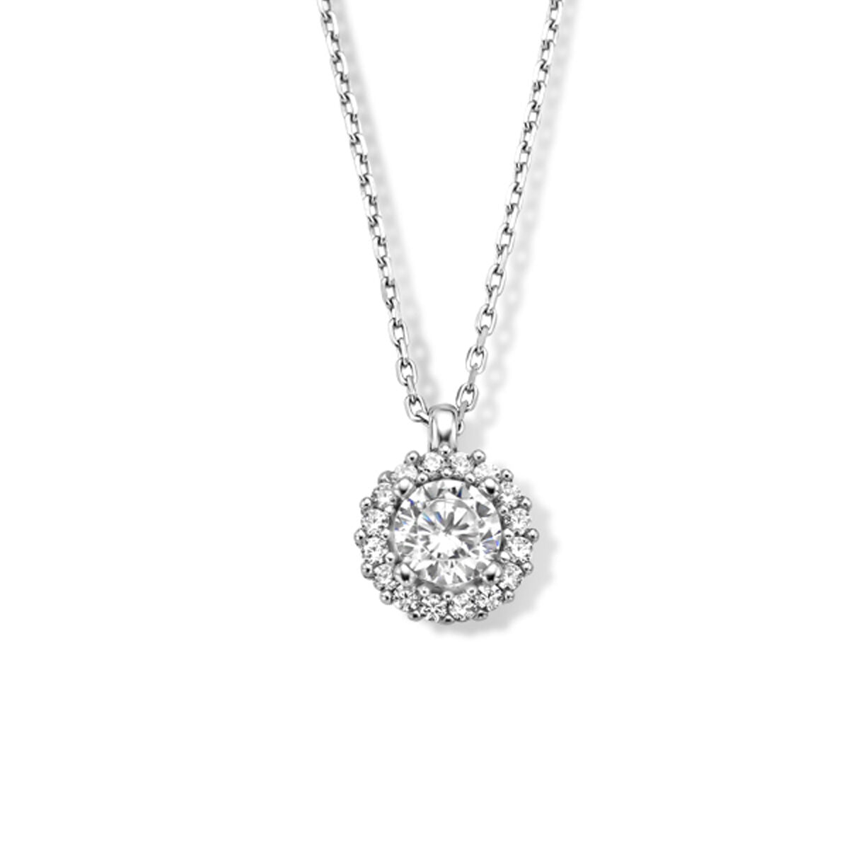 De Van der Kooij Collectie collier zirkonia (41 + 4 cm) heeft een ronde hanger met een grote centrale zirkonia, omringd door kleinere stenen, aan een delicate gegerhodineerde 925 zilveren ketting.