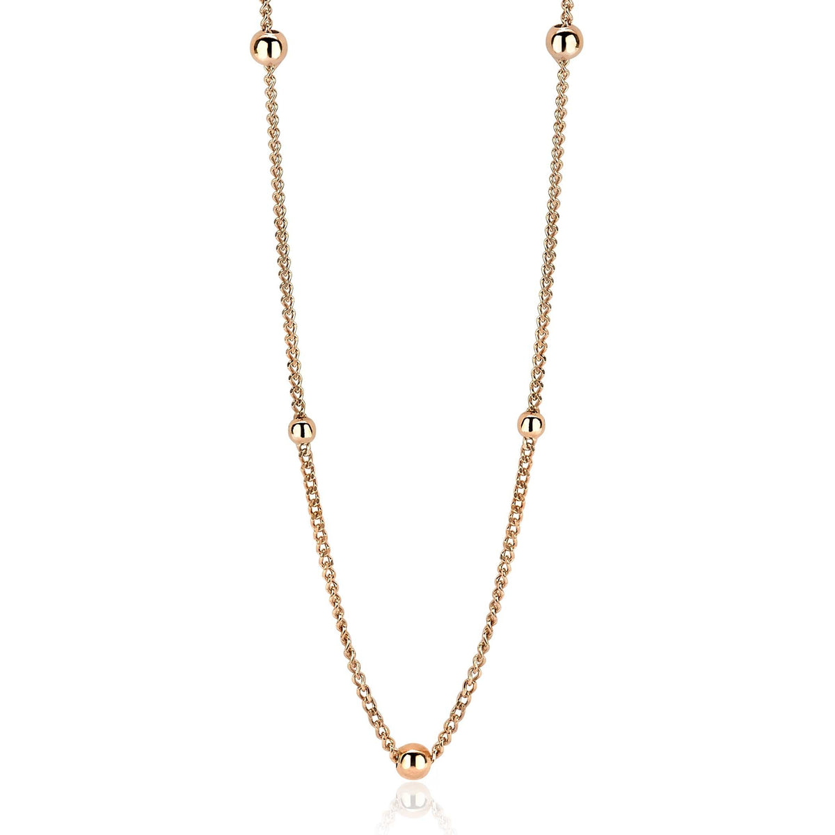 Gouden ketting met een fijne schakel en ronde, glanzende kralen.