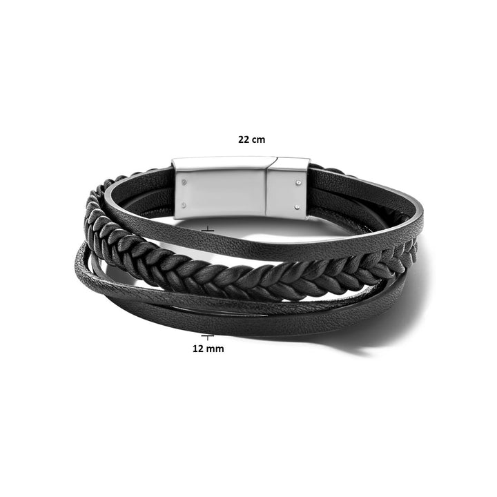 De Van der Kooij Collectie armband leer zwart 12 mm edelstaal is 22 cm lang, heeft meerdere gevlochten leren strengen en een stalen magneetsluiting.